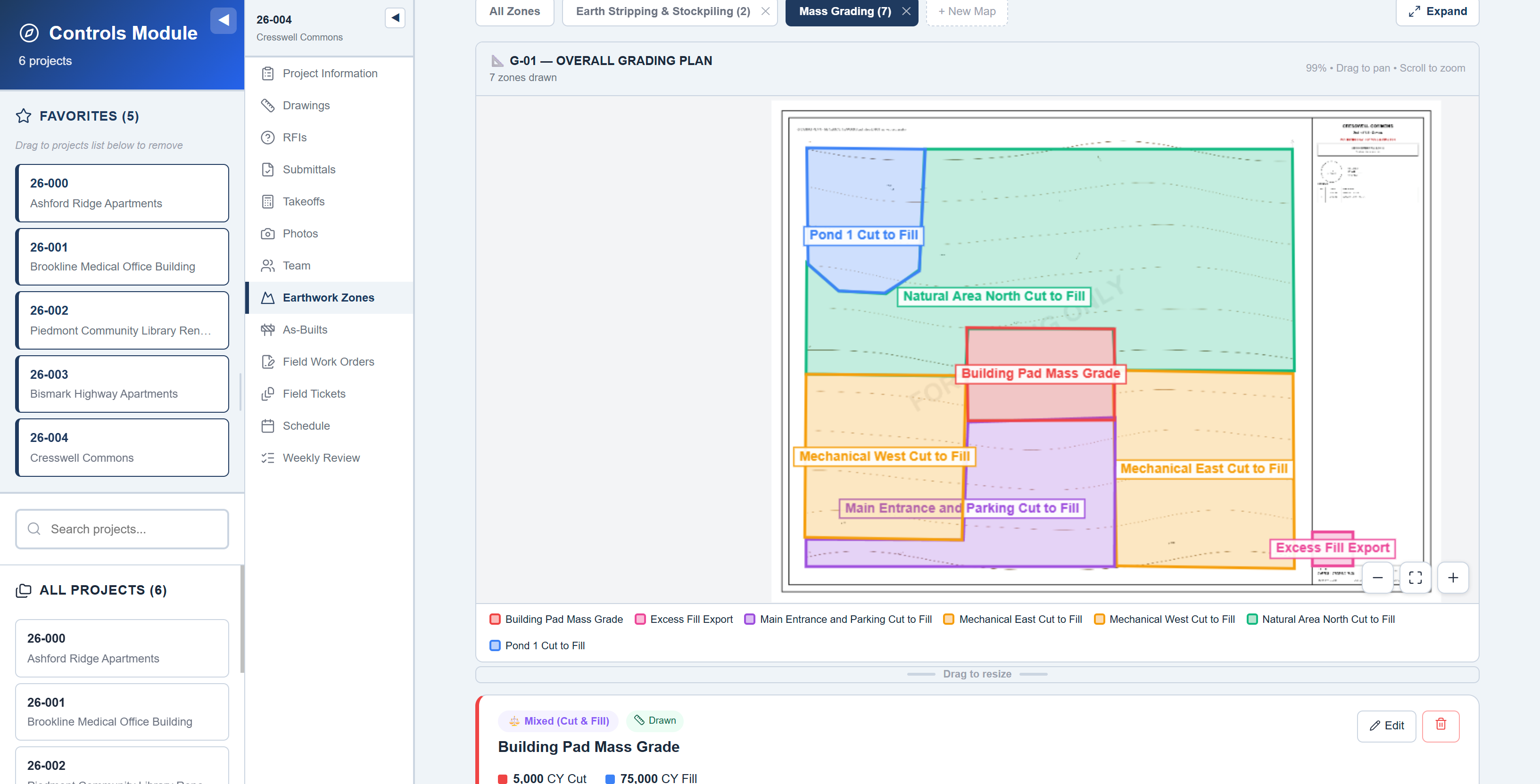Free Time Platform web app showing earthwork cut and fill zones drawn over a grading plan