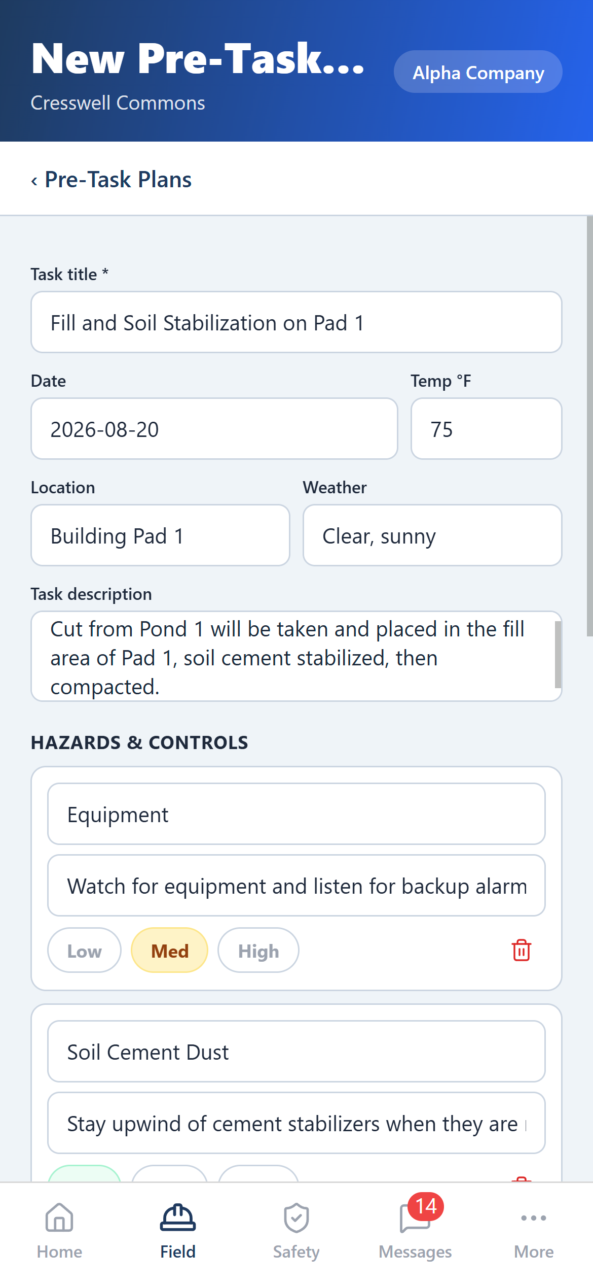 Pre-task safety plans on the Free Time Platform iOS app